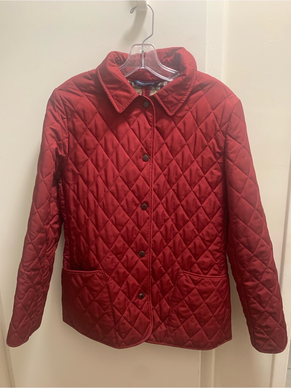 Vintage Burberry England Classic Quilted Red Jacket Coat Nova Check Plaid XS